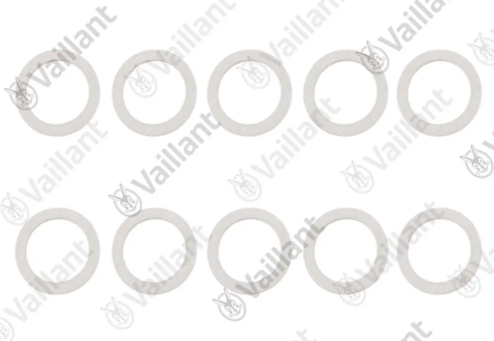 Zehn Dichtungen von Vaillant, in runder Form, aus einem grauen Material, gleichmäßig angeordnet auf weißem Hintergrund.